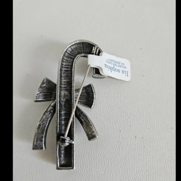 Lia Sophia Red Ruby Rhinestones Marcasite Candy Cane Bow 2"x1"Christmas Brooch - Picture 4 of 5